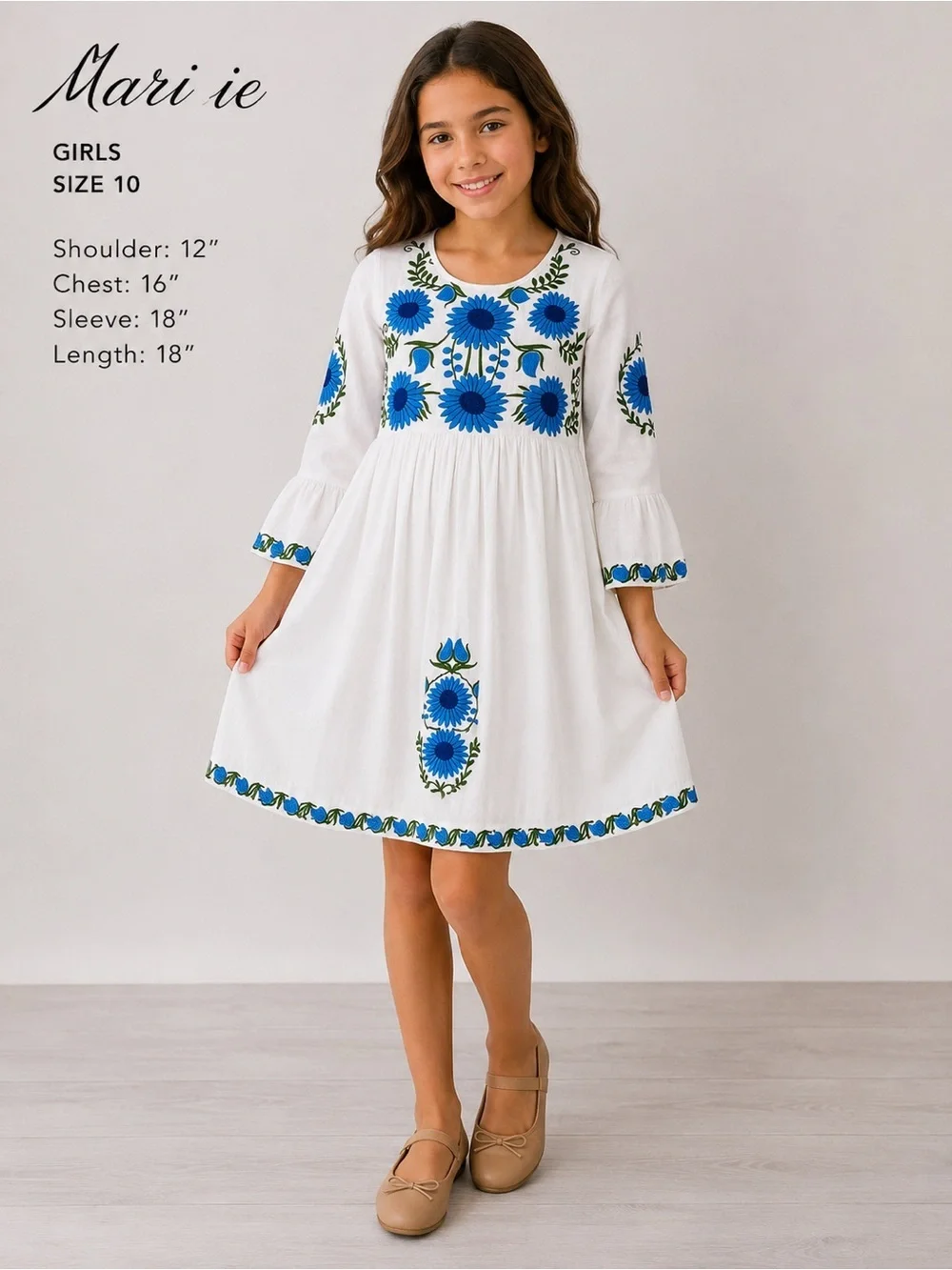 Girls Mari-ie Embroidered Floral Dress Size 10 White Blue Cotton Boho